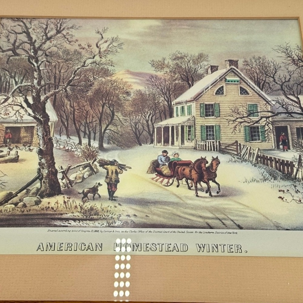 Vintage Currier & Ives American Homestead Winter Framed Lithograph Print 1868‎